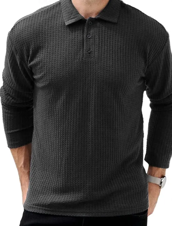 OUKU Men's Waffle Polo Shirts Street Casual Lapel Long Sleeve Modern Comfortable Plain Textured Buttons Spring Fall Winter dark brown Robin's Egg Blue Black White Navy Blue Dark Green Waffle Polo Shirts