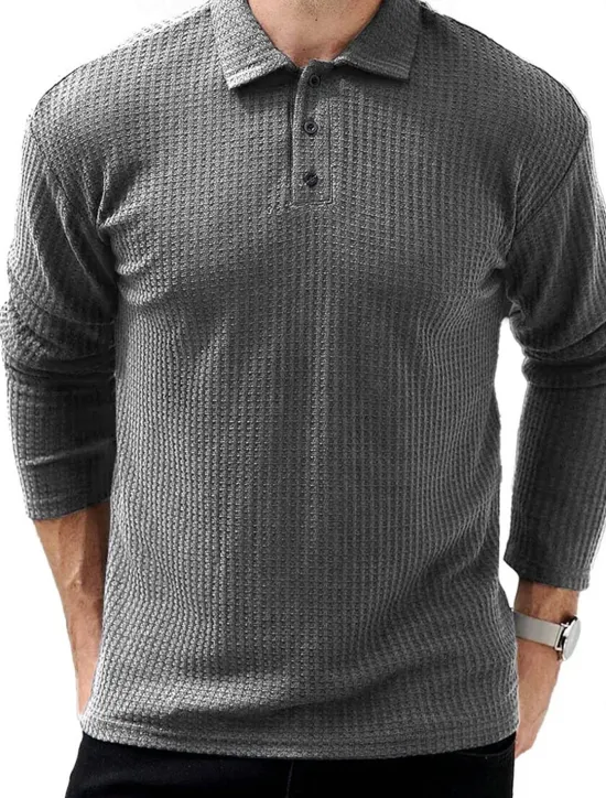 OUKU Men's Waffle Polo Shirts Street Casual Lapel Long Sleeve Modern Comfortable Plain Textured Buttons Spring Fall Winter dark brown Robin's Egg Blue Black White Navy Blue Dark Green Waffle Polo Shirts