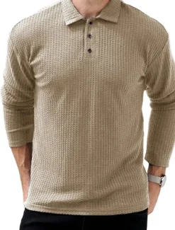 OUKU Men's Waffle Polo Shirts Street Casual Lapel Long Sleeve Modern Comfortable Plain Textured Buttons Spring Fall Winter dark brown Robin's Egg Blue Black White Navy Blue Dark Green Waffle Polo Shirts