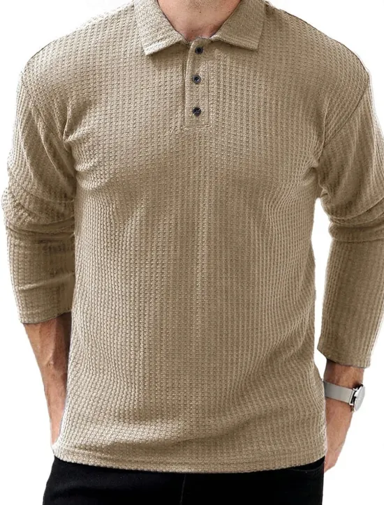 OUKU Men's Waffle Polo Shirts Street Casual Lapel Long Sleeve Modern Comfortable Plain Textured Buttons Spring Fall Winter dark brown Robin's Egg Blue Black White Navy Blue Dark Green Waffle Polo Shirts
