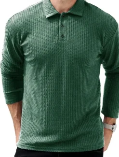 OUKU Men's Waffle Polo Shirts Street Casual Lapel Long Sleeve Modern Comfortable Plain Textured Buttons Spring Fall Winter dark brown Robin's Egg Blue Black White Navy Blue Dark Green Waffle Polo Shirts