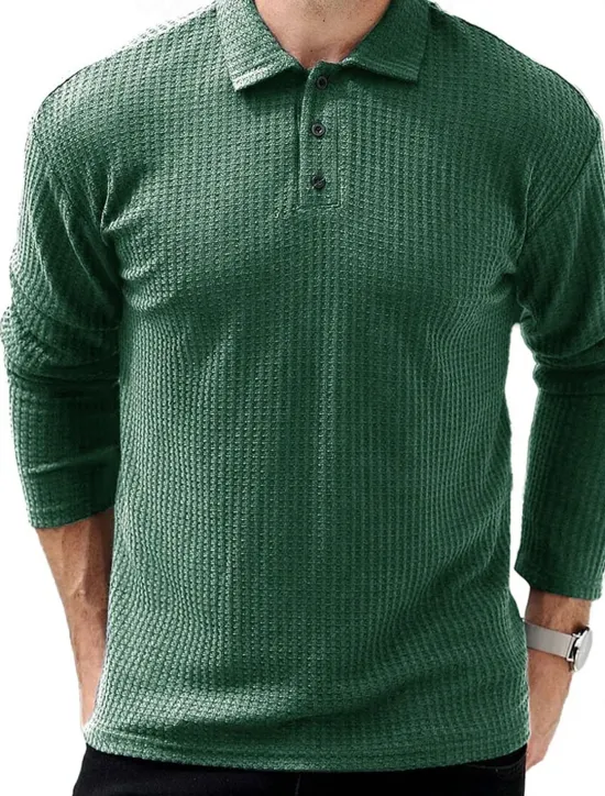 OUKU Men's Waffle Polo Shirts Street Casual Lapel Long Sleeve Modern Comfortable Plain Textured Buttons Spring Fall Winter dark brown Robin's Egg Blue Black White Navy Blue Dark Green Waffle Polo Shirts