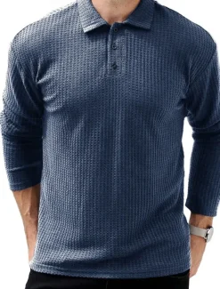OUKU Men's Waffle Polo Shirts Street Casual Lapel Long Sleeve Modern Comfortable Plain Textured Buttons Spring Fall Winter dark brown Robin's Egg Blue Black White Navy Blue Dark Green Waffle Polo Shirts
