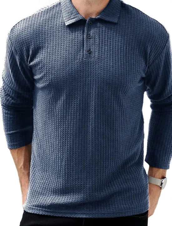 OUKU Men's Waffle Polo Shirts Street Casual Lapel Long Sleeve Modern Comfortable Plain Textured Buttons Spring Fall Winter dark brown Robin's Egg Blue Black White Navy Blue Dark Green Waffle Polo Shirts