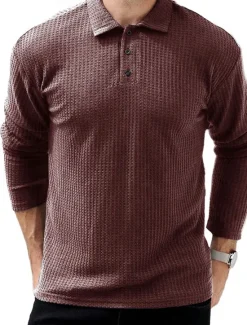 OUKU Men's Waffle Polo Shirts Street Casual Lapel Long Sleeve Modern Comfortable Plain Textured Buttons Spring Fall Winter dark brown Robin's Egg Blue Black White Navy Blue Dark Green Waffle Polo Shirts