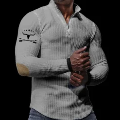Discount OUKU Men's Waffle Polo Shirts Zip Polo Golf Polos Shirts Long Sleeve Polo Shirts Zip Vintage Casual Daily 3D Print Fall & Winter Black White Khaki