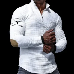 Discount OUKU Men's Waffle Polo Shirts Zip Polo Golf Polos Shirts Long Sleeve Polo Shirts Zip Vintage Casual Daily 3D Print Fall & Winter Black White Khaki