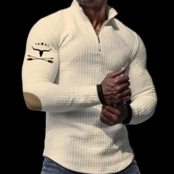 Discount OUKU Men's Waffle Polo Shirts Zip Polo Golf Polos Shirts Long Sleeve Polo Shirts Zip Vintage Casual Daily 3D Print Fall & Winter Black White Khaki