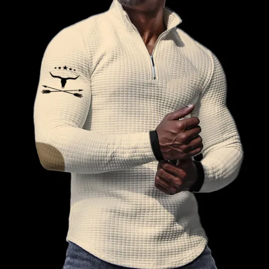 Discount OUKU Men's Waffle Polo Shirts Zip Polo Golf Polos Shirts Long Sleeve Polo Shirts Zip Vintage Casual Daily 3D Print Fall & Winter Black White Khaki