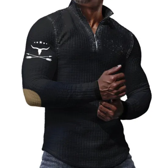 Discount OUKU Men's Waffle Polo Shirts Zip Polo Golf Polos Shirts Long Sleeve Polo Shirts Zip Vintage Casual Daily 3D Print Fall & Winter Black White Khaki