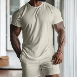 OUKU Men's Waffle Shirt 2 Piece T-shirt Suits Tee Short Sleeve Short Pant Crew Neck Spring & Summer Plain Fashion Designer Basic 2 Piece Vacation Street Going out Black White Gray Top Tee for Men