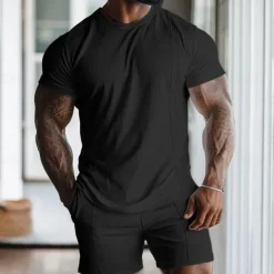 OUKU Men's Waffle Shirt 2 Piece T-shirt Suits Tee Short Sleeve Short Pant Crew Neck Spring & Summer Plain Fashion Designer Basic 2 Piece Vacation Street Going out Black White Gray Top Tee for Men
