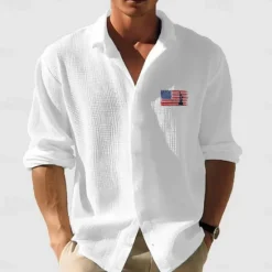 Online OUKU Men's Waffle Shirt Summer Shirt Casual Shirt Waffle Knit Shirt White Light Green Pink Dark Gray Apricot Long Sleeve Textured Fashion National Flag Turndown Vacation Holiday Clothing Apparel Cotton