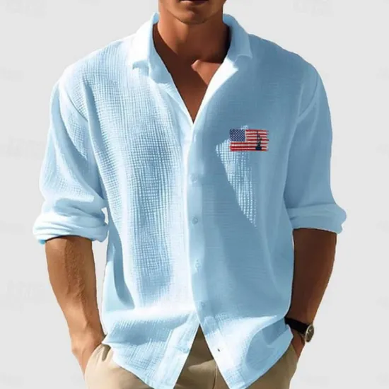 Online OUKU Men's Waffle Shirt Summer Shirt Casual Shirt Waffle Knit Shirt White Light Green Pink Dark Gray Apricot Long Sleeve Textured Fashion National Flag Turndown Vacation Holiday Clothing Apparel Cotton