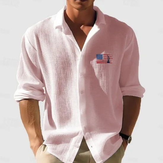 Online OUKU Men's Waffle Shirt Summer Shirt Casual Shirt Waffle Knit Shirt White Light Green Pink Dark Gray Apricot Long Sleeve Textured Fashion National Flag Turndown Vacation Holiday Clothing Apparel Cotton