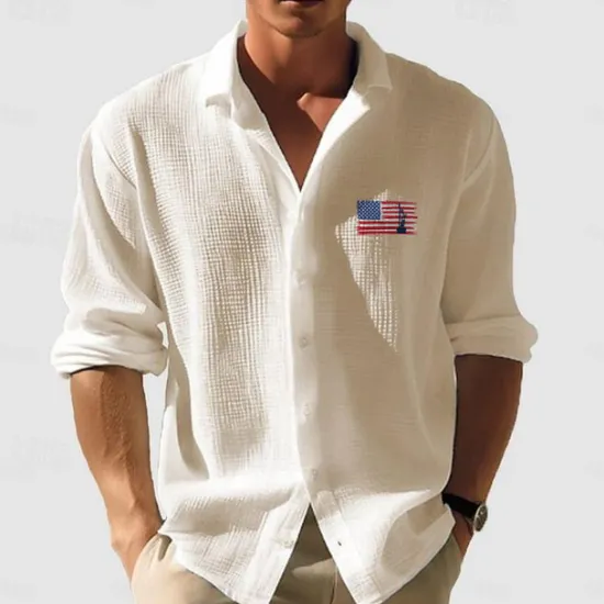 Online OUKU Men's Waffle Shirt Summer Shirt Casual Shirt Waffle Knit Shirt White Light Green Pink Dark Gray Apricot Long Sleeve Textured Fashion National Flag Turndown Vacation Holiday Clothing Apparel Cotton