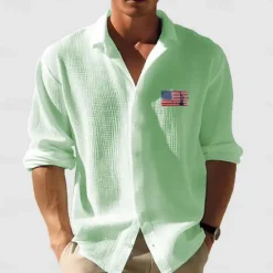 Online OUKU Men's Waffle Shirt Summer Shirt Casual Shirt Waffle Knit Shirt White Light Green Pink Dark Gray Apricot Long Sleeve Textured Fashion National Flag Turndown Vacation Holiday Clothing Apparel Cotton