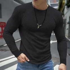 Hot OUKU Men's Waffle Shirt T Shirt Tee Top Long Sleeve Shirt Long Sleeve Crew Neck Spring & Fall Plain Fashion Designer Basic Vacation Street Going out Dark Grey Black White Top Tee for Men