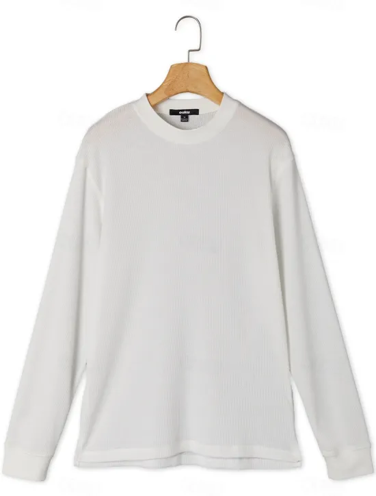 Online OUKU Men's Waffle Shirt T Shirt Tee Top Long Sleeve Shirt Long Sleeve Crew Neck Spring & Fall Plain Fashion Designer Basic Vacation Street Going out Black White Wine Top Tee for Men
