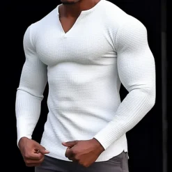 Best OUKU Men's Waffle Shirt T Shirt Tee Top Long Sleeve Shirt Long Sleeve V Neck Spring & Fall Plain Fashion Designer Basic Vacation Street Going out Black White Orange Top Tee for Men
