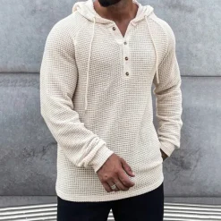 Best OUKU Men's Waffle Shirt T Shirt Henley Shirt Tee Top Long Sleeve Hooded Spring & Fall Plain Fashion Designer Basic Knitted Vacation Street Going out Green khaki Beige Top Tee for Men