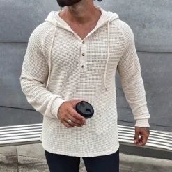 Best OUKU Men's Waffle Shirt T Shirt Henley Shirt Tee Top Long Sleeve Hooded Spring & Fall Plain Fashion Designer Basic Knitted Vacation Street Going out Green khaki Beige Top Tee for Men