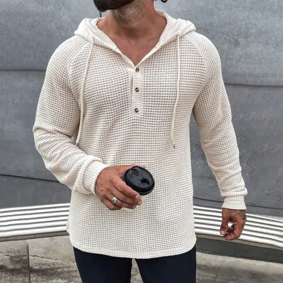 Best OUKU Men's Waffle Shirt T Shirt Henley Shirt Tee Top Long Sleeve Hooded Spring & Fall Plain Fashion Designer Basic Knitted Vacation Street Going out Green khaki Beige Top Tee for Men