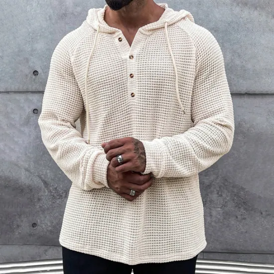 Best OUKU Men's Waffle Shirt T Shirt Henley Shirt Tee Top Long Sleeve Hooded Spring & Fall Plain Fashion Designer Basic Knitted Vacation Street Going out Green khaki Beige Top Tee for Men