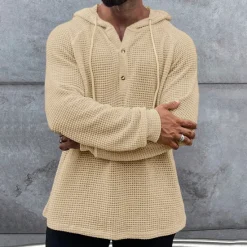 Best OUKU Men's Waffle Shirt T Shirt Henley Shirt Tee Top Long Sleeve Hooded Spring & Fall Plain Fashion Designer Basic Knitted Vacation Street Going out Green khaki Beige Top Tee for Men
