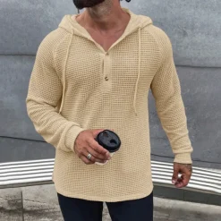 Best OUKU Men's Waffle Shirt T Shirt Henley Shirt Tee Top Long Sleeve Hooded Spring & Fall Plain Fashion Designer Basic Knitted Vacation Street Going out Green khaki Beige Top Tee for Men
