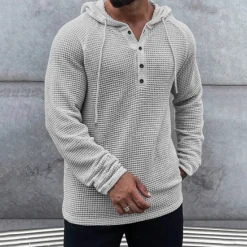 Best OUKU Men's Waffle Shirt T Shirt Henley Shirt Tee Top Long Sleeve Hooded Spring & Fall Plain Fashion Designer Basic Knitted Vacation Street Going out Green khaki Beige Top Tee for Men