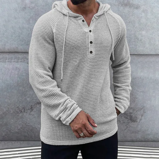 Best OUKU Men's Waffle Shirt T Shirt Henley Shirt Tee Top Long Sleeve Hooded Spring & Fall Plain Fashion Designer Basic Knitted Vacation Street Going out Green khaki Beige Top Tee for Men