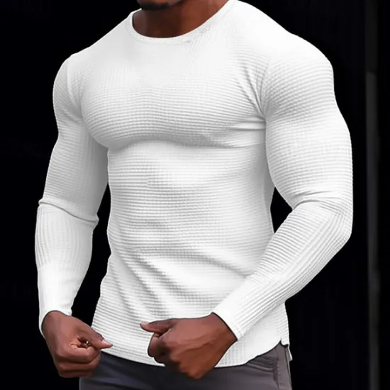 Outlet OUKU Men's Waffle Shirt T Shirt Tee Top Long Sleeve Shirt Long Sleeve Crew Neck Spring & Fall Plain Fashion Designer Basic Knitted Vacation Street Going out Dark Brown Dark Grey Black Top Tee for Men