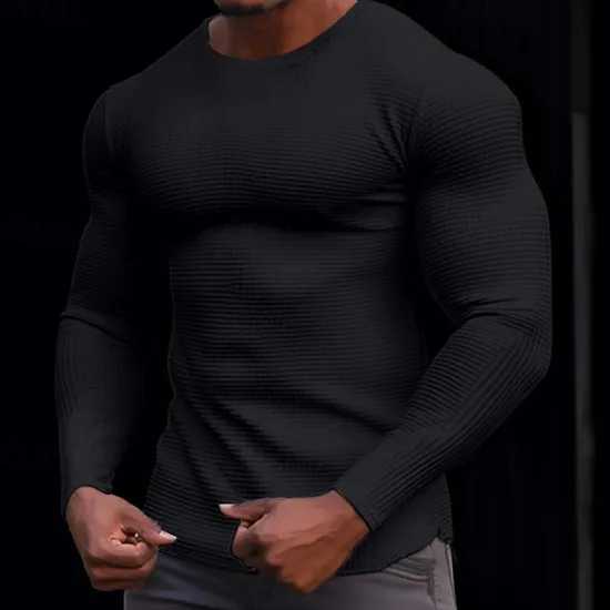 Outlet OUKU Men's Waffle Shirt T Shirt Tee Top Long Sleeve Shirt Long Sleeve Crew Neck Spring & Fall Plain Fashion Designer Basic Knitted Vacation Street Going out Dark Brown Dark Grey Black Top Tee for Men