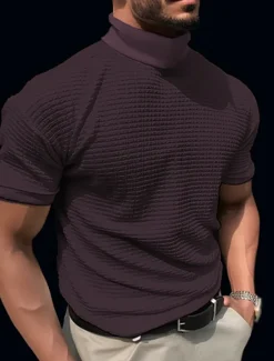 Online OUKU Men's Waffle Shirt T Shirt Tee Top Short Sleeves Turtleneck Summer Plain Fashion Designer Basic Vacation Street Going out Black White Brown Top Tee for Men