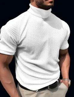 Online OUKU Men's Waffle Shirt T Shirt Tee Top Short Sleeves Turtleneck Summer Plain Fashion Designer Basic Vacation Street Going out Black White Brown Top Tee for Men