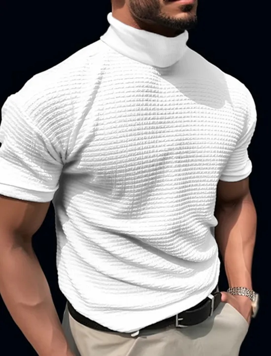 Online OUKU Men's Waffle Shirt T Shirt Tee Top Short Sleeves Turtleneck Summer Plain Fashion Designer Basic Vacation Street Going out Black White Brown Top Tee for Men