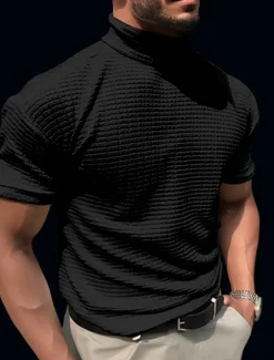Online OUKU Men's Waffle Shirt T Shirt Tee Top Short Sleeves Turtleneck Summer Plain Fashion Designer Basic Vacation Street Going out Black White Brown Top Tee for Men