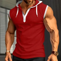 New OUKU Men's Waffle Shirt Tank Top Undershirt Sleeveless Shirt Sleeveless Hooded Summer Plain Fashion Designer Muscle Outdoor Going out Gym Black White Red Top Tee for Men