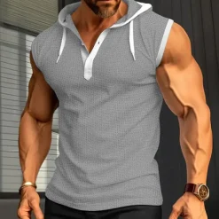 New OUKU Men's Waffle Shirt Tank Top Undershirt Sleeveless Shirt Sleeveless Hooded Summer Plain Fashion Designer Muscle Outdoor Going out Gym Black White Red Top Tee for Men