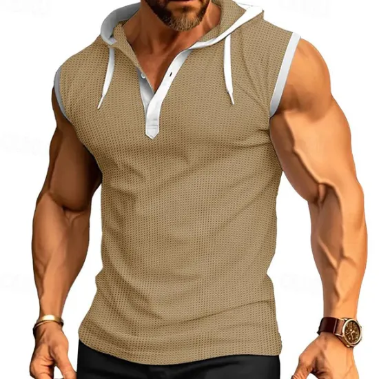 New OUKU Men's Waffle Shirt Tank Top Undershirt Sleeveless Shirt Sleeveless Hooded Summer Plain Fashion Designer Muscle Outdoor Going out Gym Black White Red Top Tee for Men