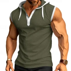 New OUKU Men's Waffle Shirt Tank Top Undershirt Sleeveless Shirt Sleeveless Hooded Summer Plain Fashion Designer Muscle Outdoor Going out Gym Black White Red Top Tee for Men