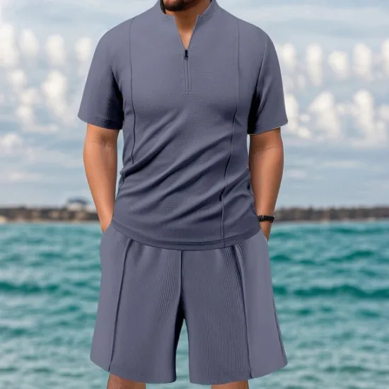Sale OUKU Men's Waffle Shirt T-shirt Suits 2 Pieces Outfits Tee & Shorts Short Sleeve Quarter Zip Summer Plain Fashion Casual 2 Piece Vacation Daily Wear Going out Black khaki Gray Top Tee for Men