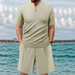 Sale OUKU Men's Waffle Shirt T-shirt Suits 2 Pieces Outfits Tee & Shorts Short Sleeve Quarter Zip Summer Plain Fashion Casual 2 Piece Vacation Daily Wear Going out Black khaki Gray Top Tee for Men