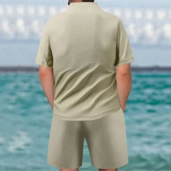 Sale OUKU Men's Waffle Shirt T-shirt Suits 2 Pieces Outfits Tee & Shorts Short Sleeve Quarter Zip Summer Plain Fashion Casual 2 Piece Vacation Daily Wear Going out Black khaki Gray Top Tee for Men