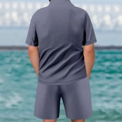 Sale OUKU Men's Waffle Shirt T-shirt Suits 2 Pieces Outfits Tee & Shorts Short Sleeve Quarter Zip Summer Plain Fashion Casual 2 Piece Vacation Daily Wear Going out Black khaki Gray Top Tee for Men