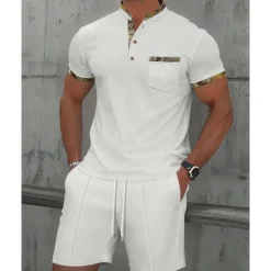 New OUKU Men's Waffle Shirt T-shirt Suits 2 Pieces Outfits Tee & Shorts Short Sleeve Standing Collar Summer Color Block Fashion Casual 2 Piece Front Pocket Vacation Daily Wear Going out Black White Royal Blue
