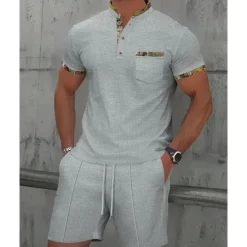 New OUKU Men's Waffle Shirt T-shirt Suits 2 Pieces Outfits Tee & Shorts Short Sleeve Standing Collar Summer Color Block Fashion Casual 2 Piece Front Pocket Vacation Daily Wear Going out Black White Royal Blue