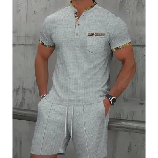 New OUKU Men's Waffle Shirt T-shirt Suits 2 Pieces Outfits Tee & Shorts Short Sleeve Standing Collar Summer Color Block Fashion Casual 2 Piece Front Pocket Vacation Daily Wear Going out Black White Royal Blue