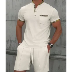 New OUKU Men's Waffle Shirt T-shirt Suits 2 Pieces Outfits Tee & Shorts Short Sleeve Standing Collar Summer Color Block Fashion Casual 2 Piece Front Pocket Vacation Daily Wear Going out Black White Royal Blue